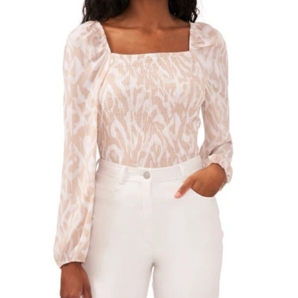 HALOGEN Blouse Size XS Pink Variegated Smocked Long Puff Sleeve In Scrollin New - Picture 1 of 5